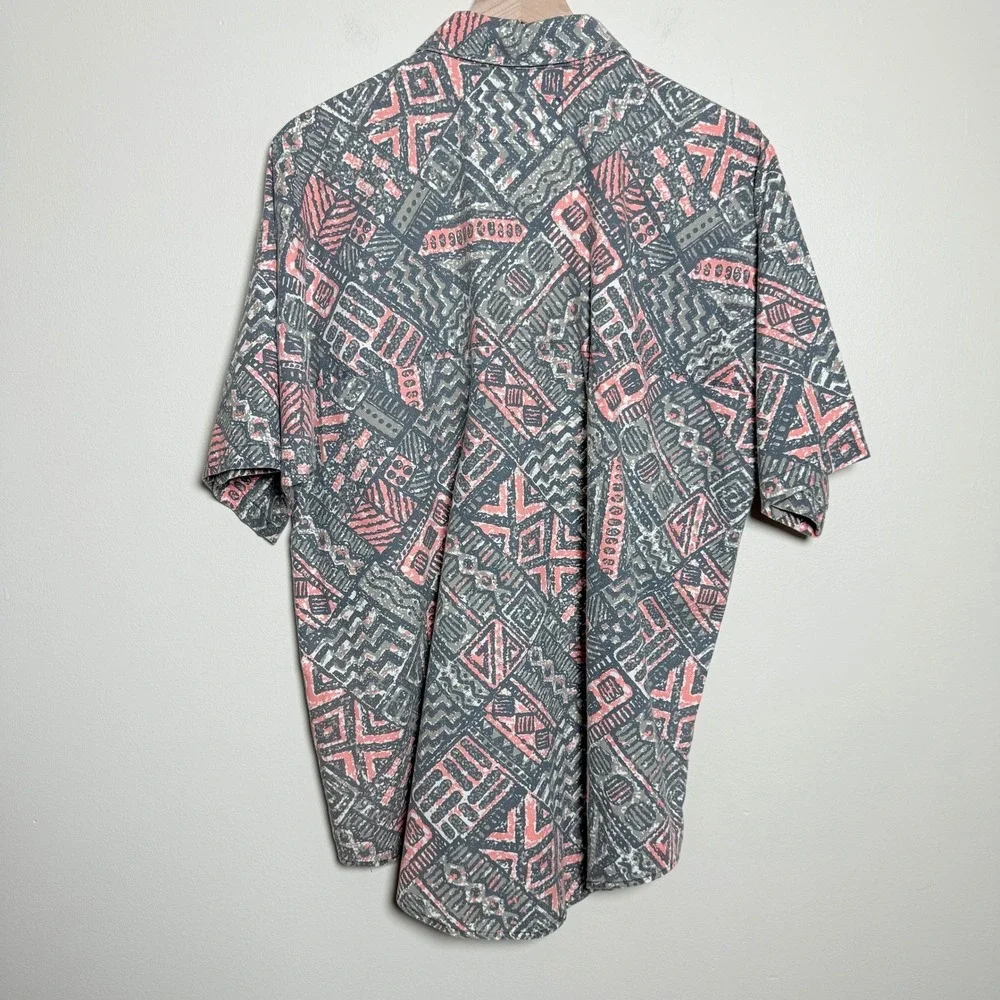 Frank VTG Mens Button Up Shirt M Gray Pink Geometric Tribal 90s‎ Streetwear